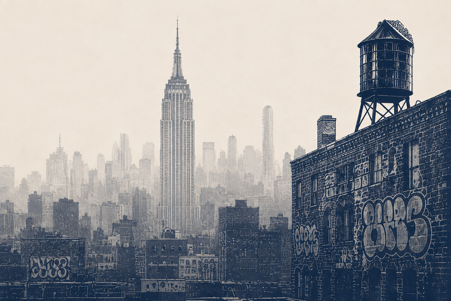 Manhattan skyline beside a graffitied brick building with a rooftop water tower.